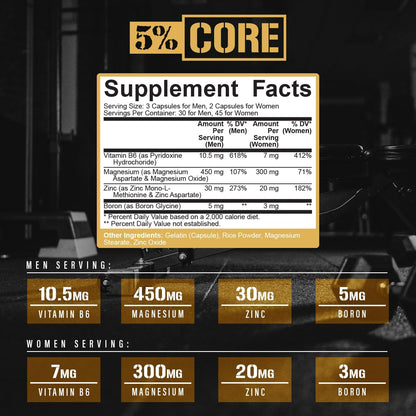 5% Nutrition Core ZMA con Boro - 90 Cápsulas – Vitamina B6: contribuye al metabolismo energético normal, al – Image 3