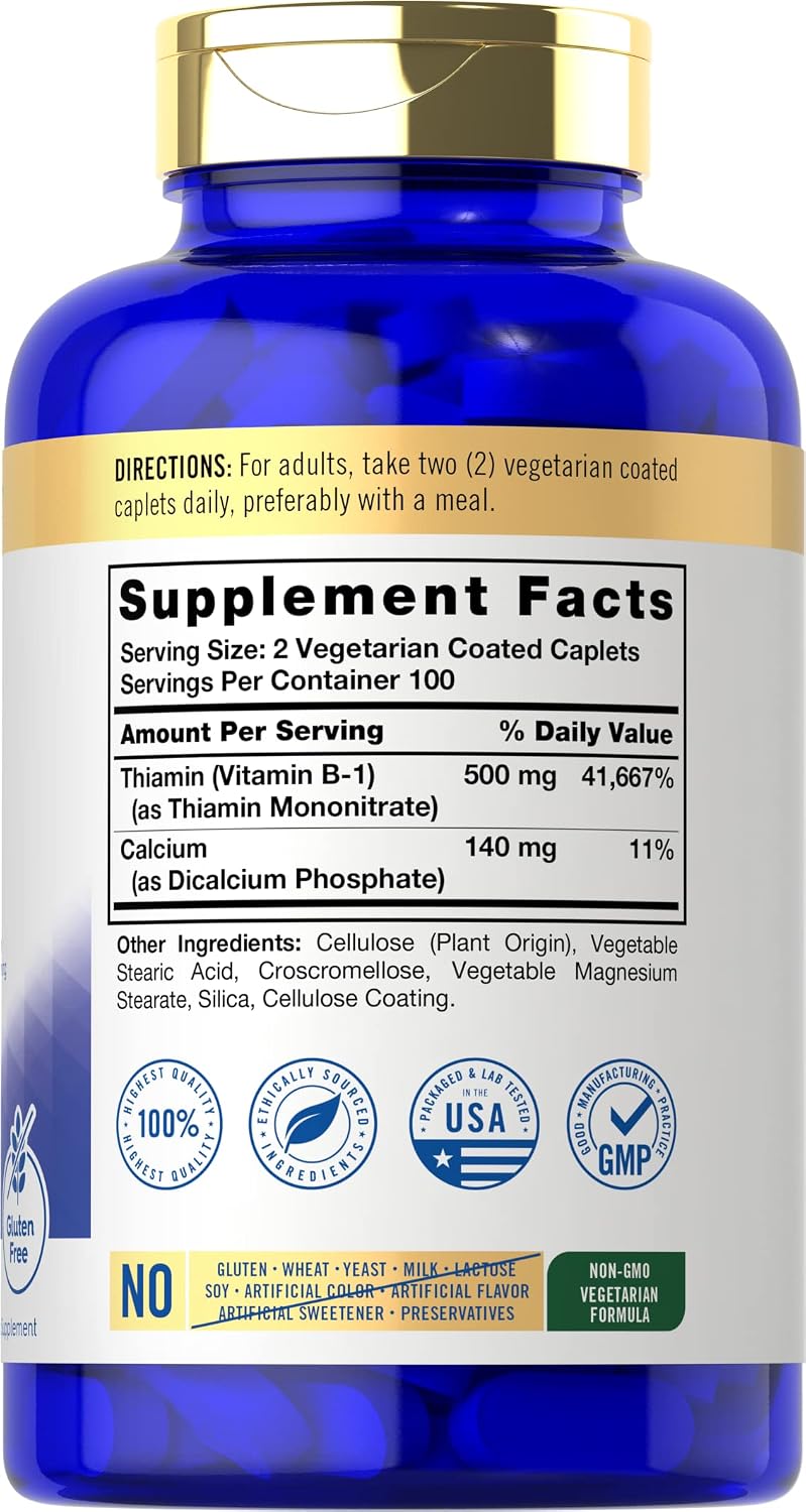 Carlyle Tiamina (Vitamina B1) 500 mg | 200 Comprimidos Vegetarianos | Sin Gluten y No Transgénico