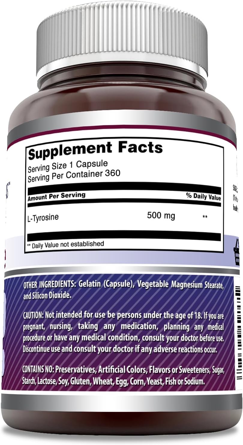 Amazing Formulas L-Tirosina 500 mg Cápsulas | Suplemento de Aminoácido Esencial | No Transgénico | Sin Gluten | 360 Cápsulas