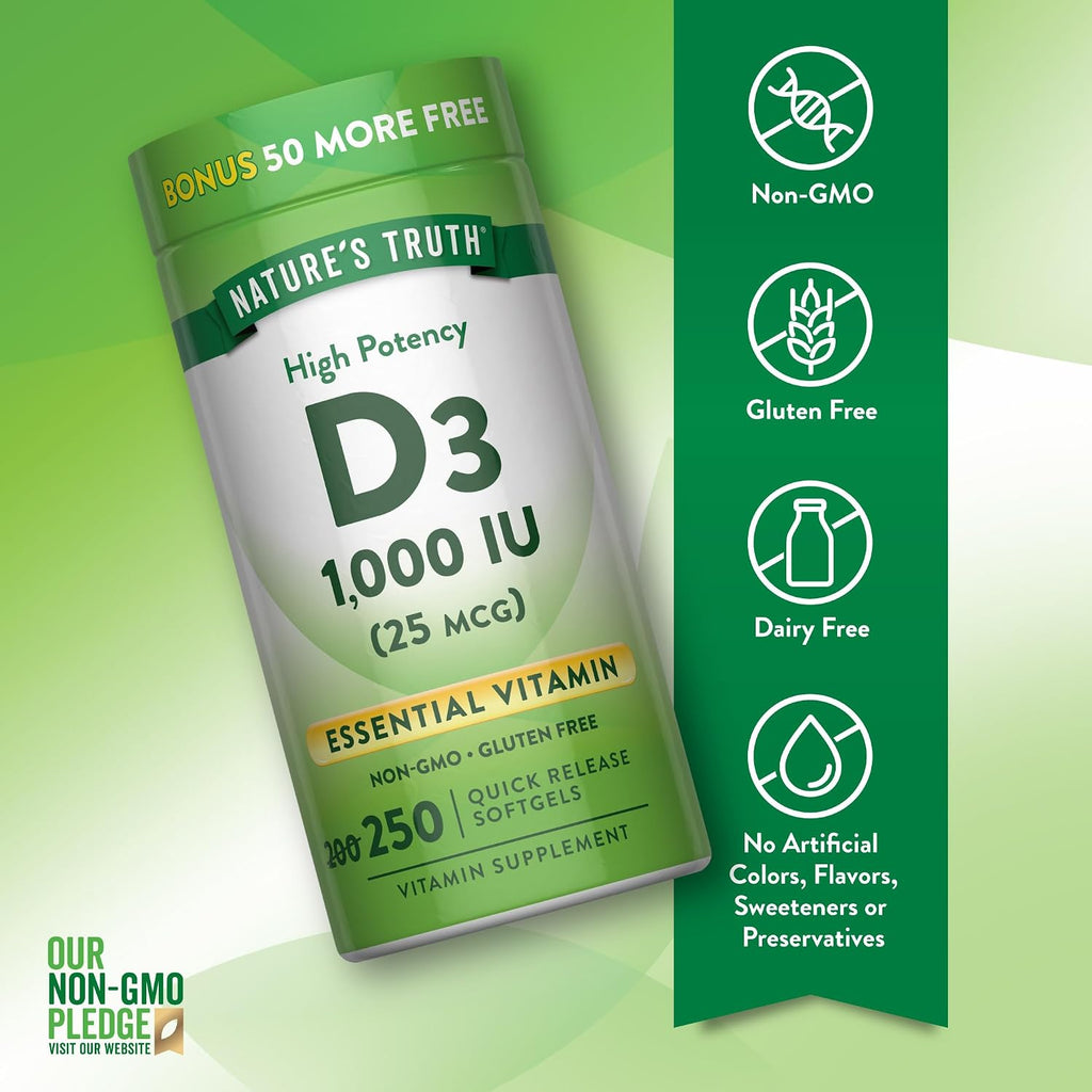 Nature's Truth Vitamina D3 1000 UI - 250 Cápsulas Blandas - Suplemento Esencial de Vitamina D - Sin OGM y Sin Gluten