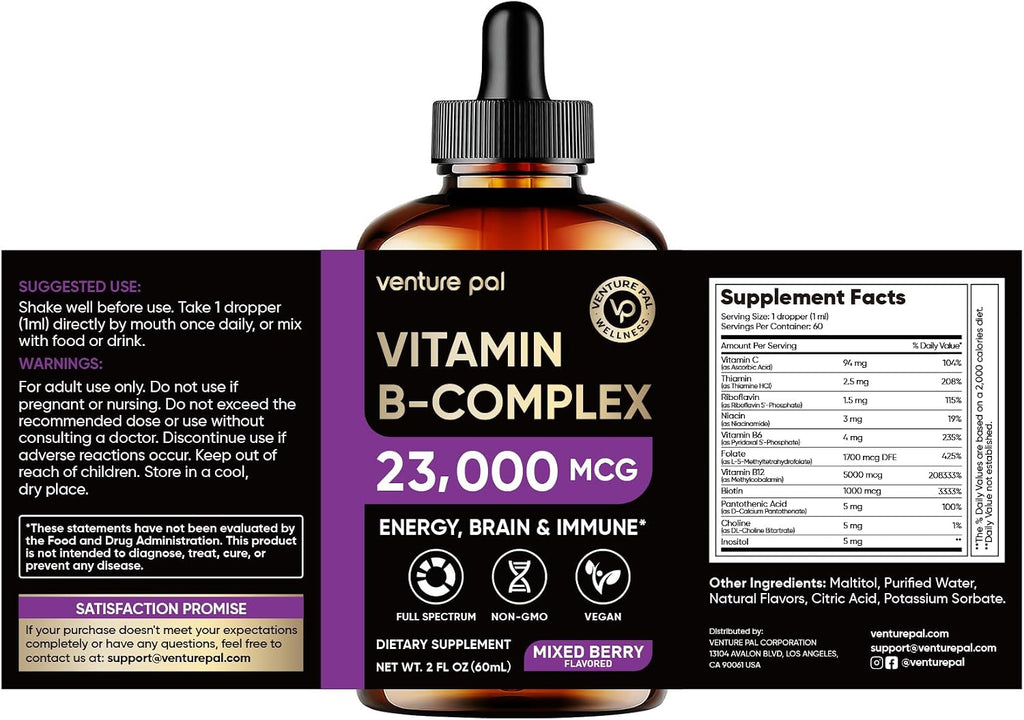 Venture Pal Vitamin B Complex Liquid Drops, B12 Metilcobalamina | B9 Fólico | B1,B2,B3,B5,B6,B7 - Vitamina C, Colina, Inositol, Apoyo Inmunológico y Metabolismo Energético, Cerebro y Corazón