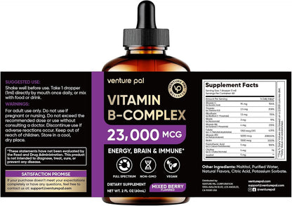 Venture Pal Vitamin B Complex Liquid Drops, B12 Metilcobalamina | B9 Fólico | B1,B2,B3,B5,B6,B7 - Vitamina C, Colina, Inositol, Apoyo Inmunológico y Metabolismo Energético, Cerebro y Corazón