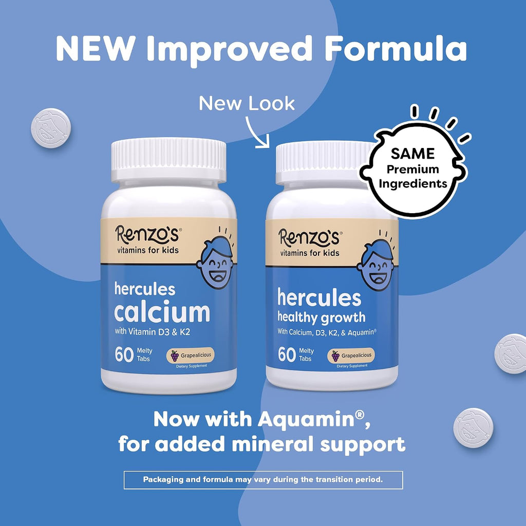 Renzo's Hercules Calcium con Vitamina D3, K2 y Aquamin para Niños - 60 Comprimidos Fundibles Sabor Uva