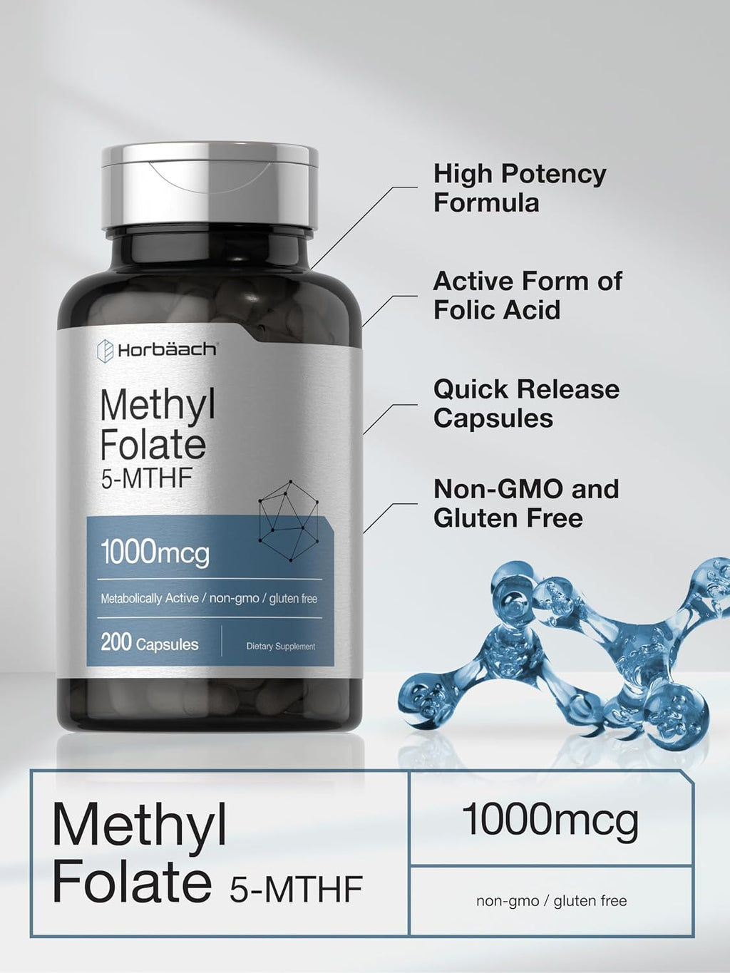 Horbäach Metilfolato | 1000 mcg | 200 Cápsulas | 5-MTHF | Sin Gluten, No-GMO