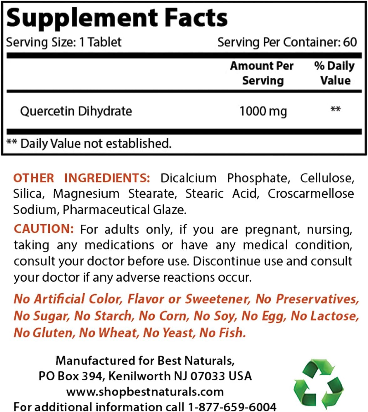 Best Naturals Quercetina 1000 mg Comprimidos - Apoyo Inmunitario - 60 Comprimidos