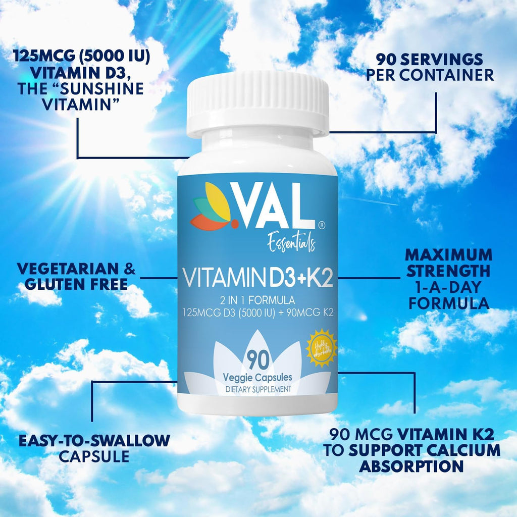 VAL Vitamina D3 + K2 (MK-7) 5000 UI & 90 mcg - 90 Cápsulas Veganas