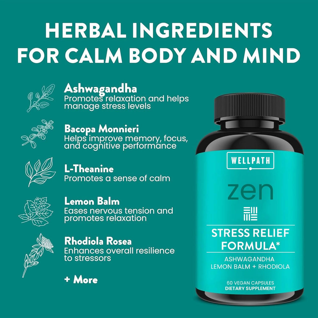 WellPath Zen – Complemento alimenticio para el estrés y el estado de ánimo | Ashwagandha, Rhodiola, L-teanina, Melisa | Cápsulas veganas, 60 unidades