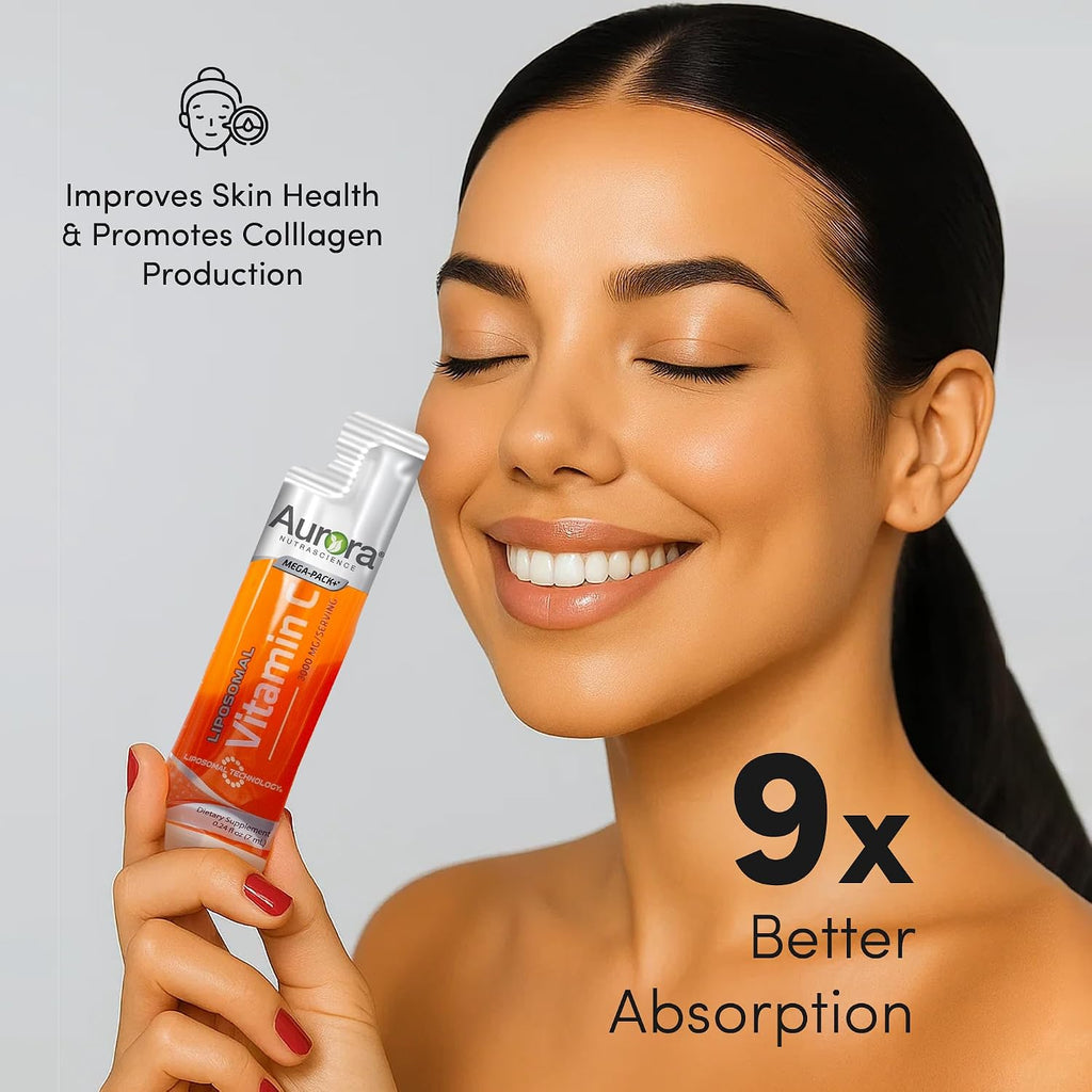 Aurora Nutrascience Vitamina C Liposomal Líquida - 3000 mg por Dosis, 10 Sobres Individuales, Sabor Naranja, Sin Azúcar, Vegano, Sin Gluten, No-GMO