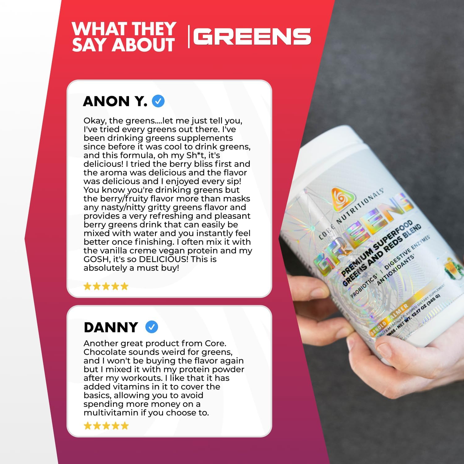 Core Nutritionals Greens | Mezcla Premium de Superfoods Rojos y Verdes con Probióticos y Enzimas Digestivas | 30 Servicios (Sabor Uva)