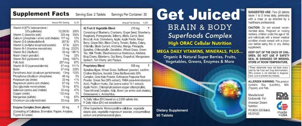 ADN Get Juiced - Complejo Multivitamínico y Mineral de Alimentos Integrales - 30 Servicios