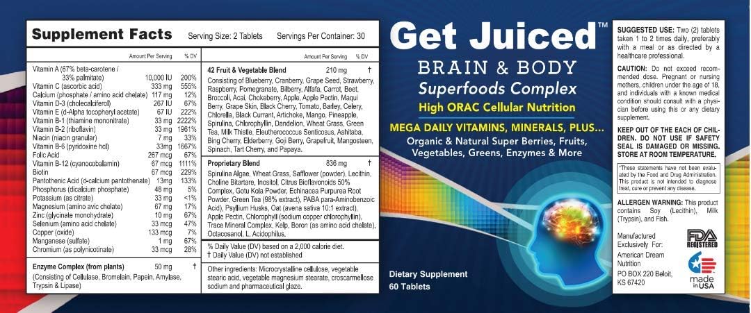 ADN Get Juiced - Complejo Multivitamínico y Mineral de Alimentos Integrales - 30 Servicios