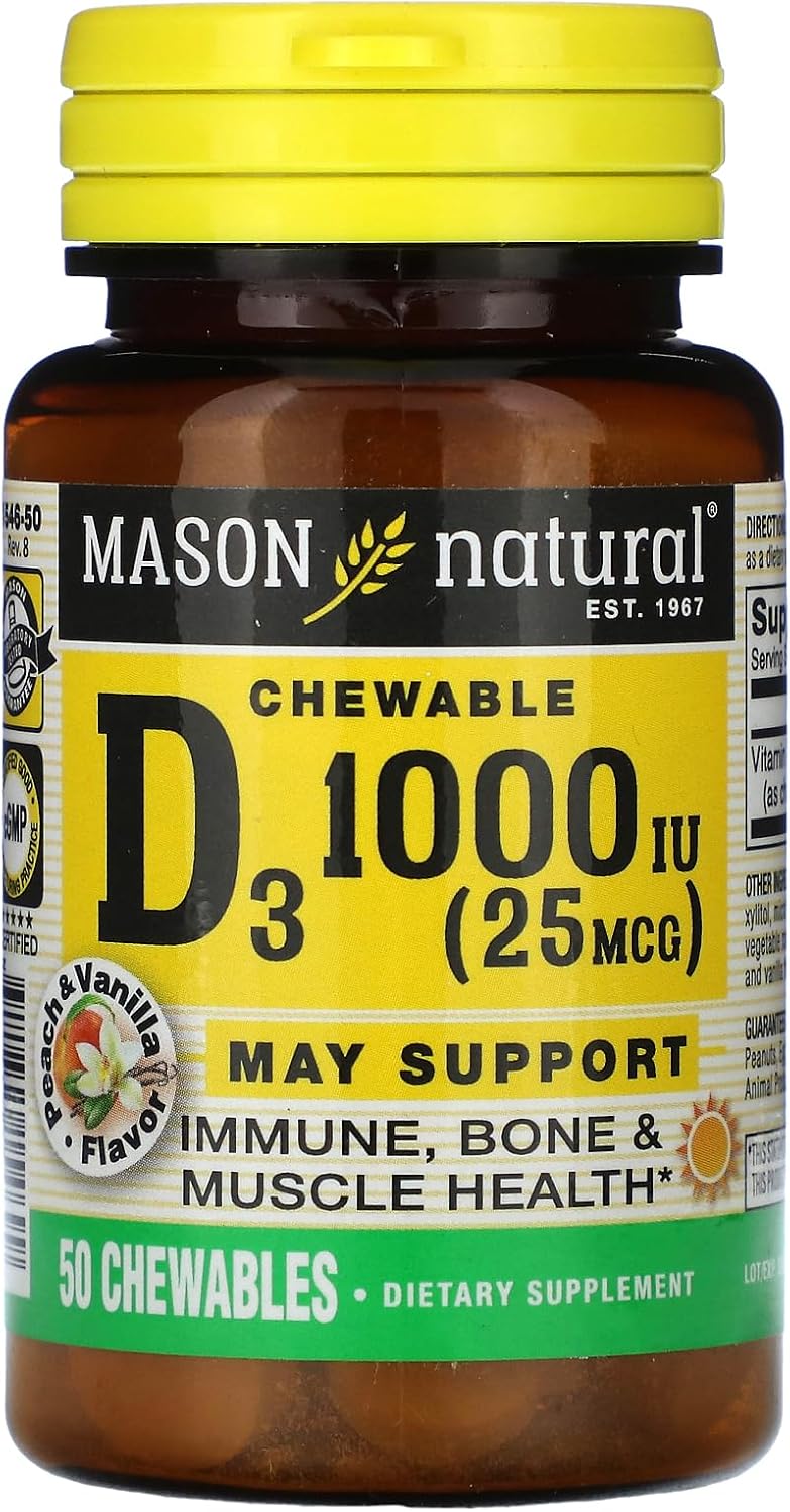 Mason Natural Vitamina D3 1000 IU Chewable Tablets, Peach Vanilla Flavor - 50 Tablets