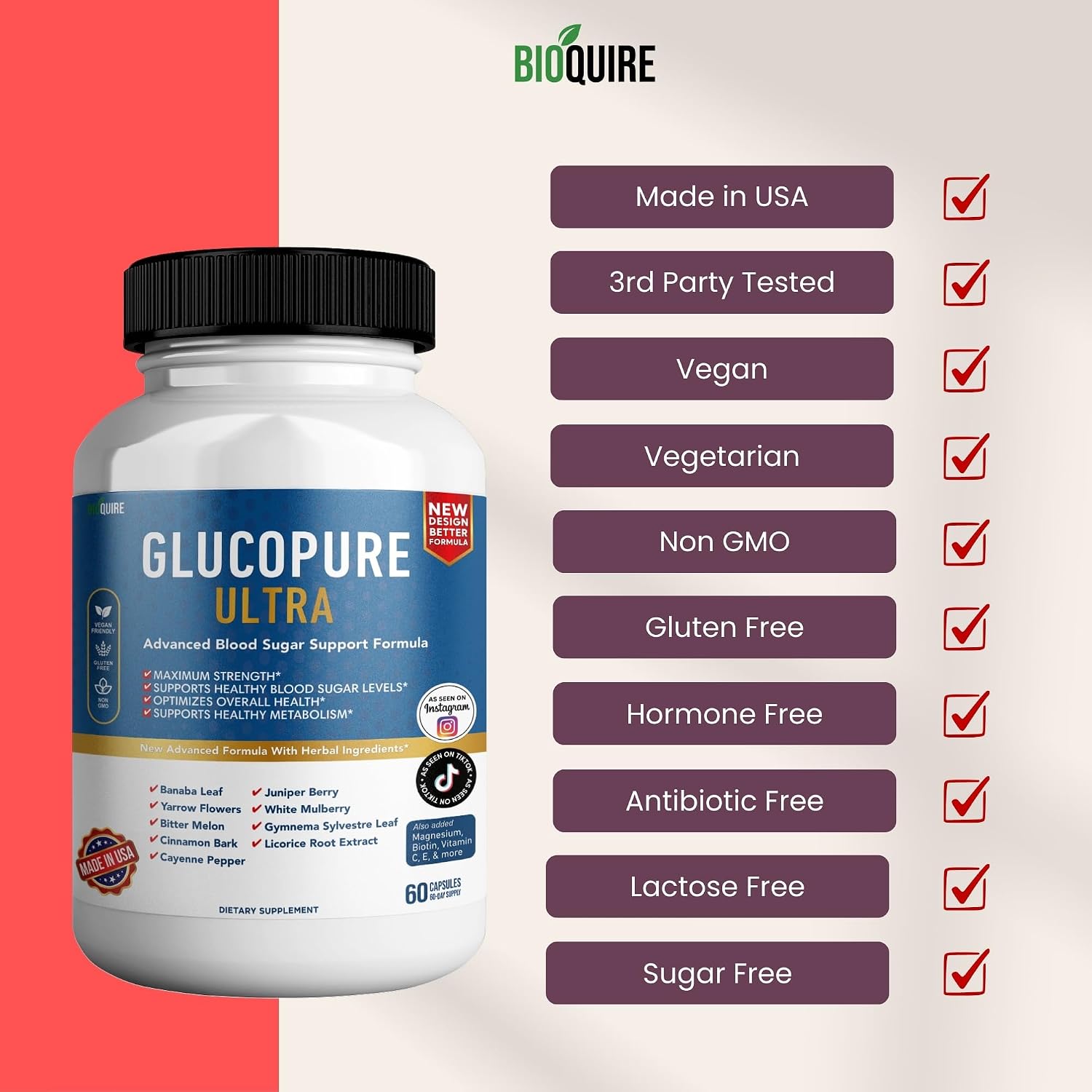 BIOQUIRE Gluco Pure Ultra - Suplemento dietético, 60 cápsulas