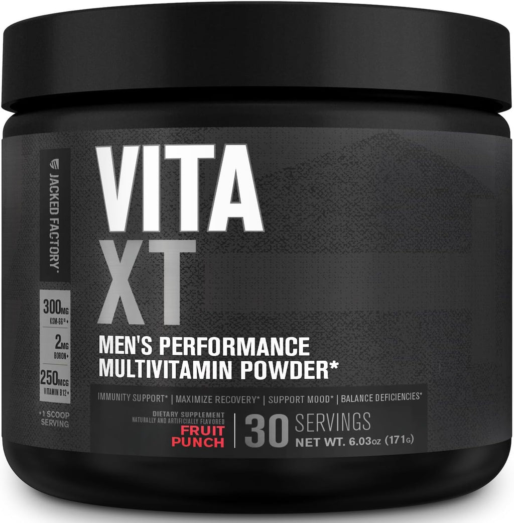 Jacked Factory Vita XT Performance Vitamin Powder - Multivitamínico en polvo para hombres con KSM-66 Ashwagandha, fibra prebiótica, vitaminas A, C, D, K, B6, B12 y más - Sabor limonada de fresa, 30 dosis