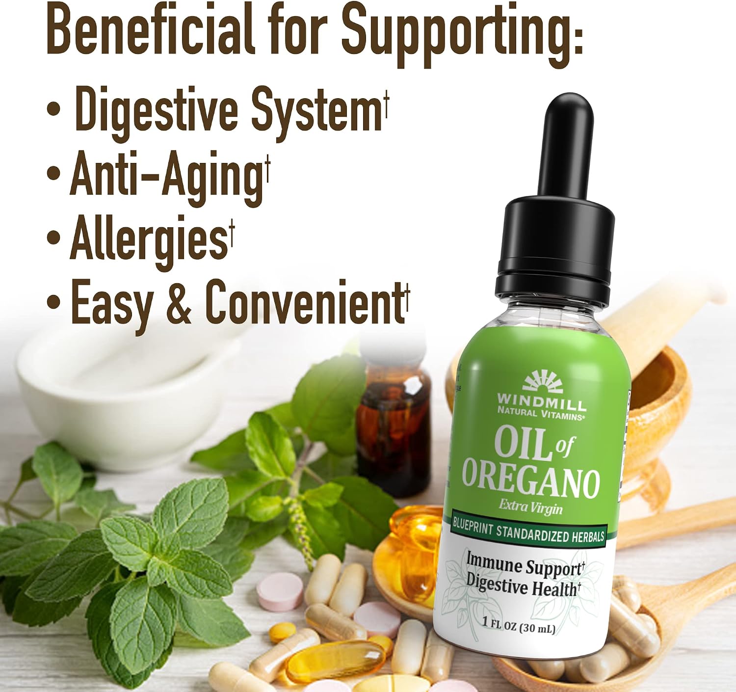 Windmill Aceite de Orégano, Suplemento Herbal, Apoyo Inmunitario y Digestivo, 30 ml