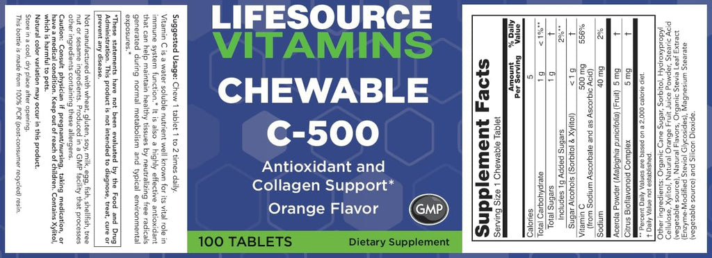 LifeSource Vitamin C 500 mg - 100 Comprimidos Masticables - Sabor Naranja - Endulzado con Stevia