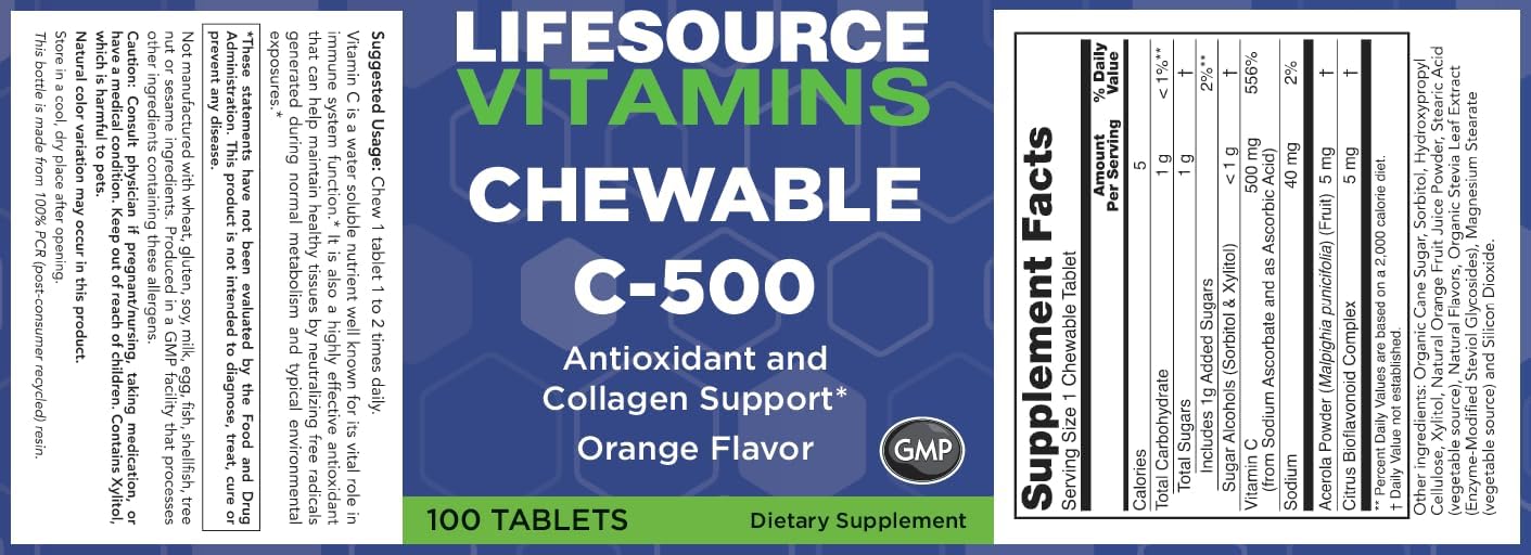 LifeSource Vitamin C 500 mg - 100 Comprimidos Masticables - Sabor Naranja - Endulzado con Stevia