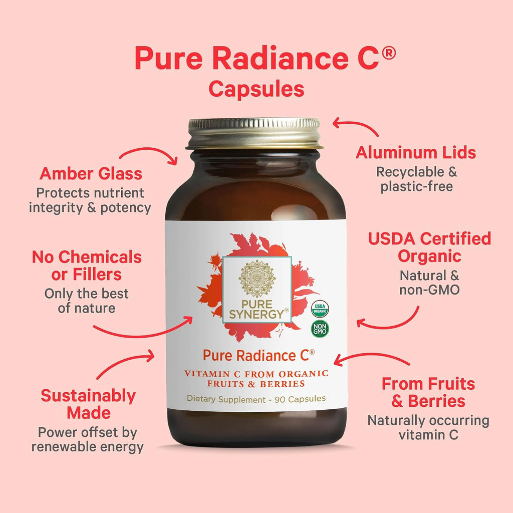 PURE SYNERGY Pure Radiance C | Cápsulas de Vitamina C Orgánica | 100% Natural, Alimento Integral, No-GMO con Camu Camu Orgánico | Apoyo Inmunitario y de Colágeno (90 Cápsulas)
