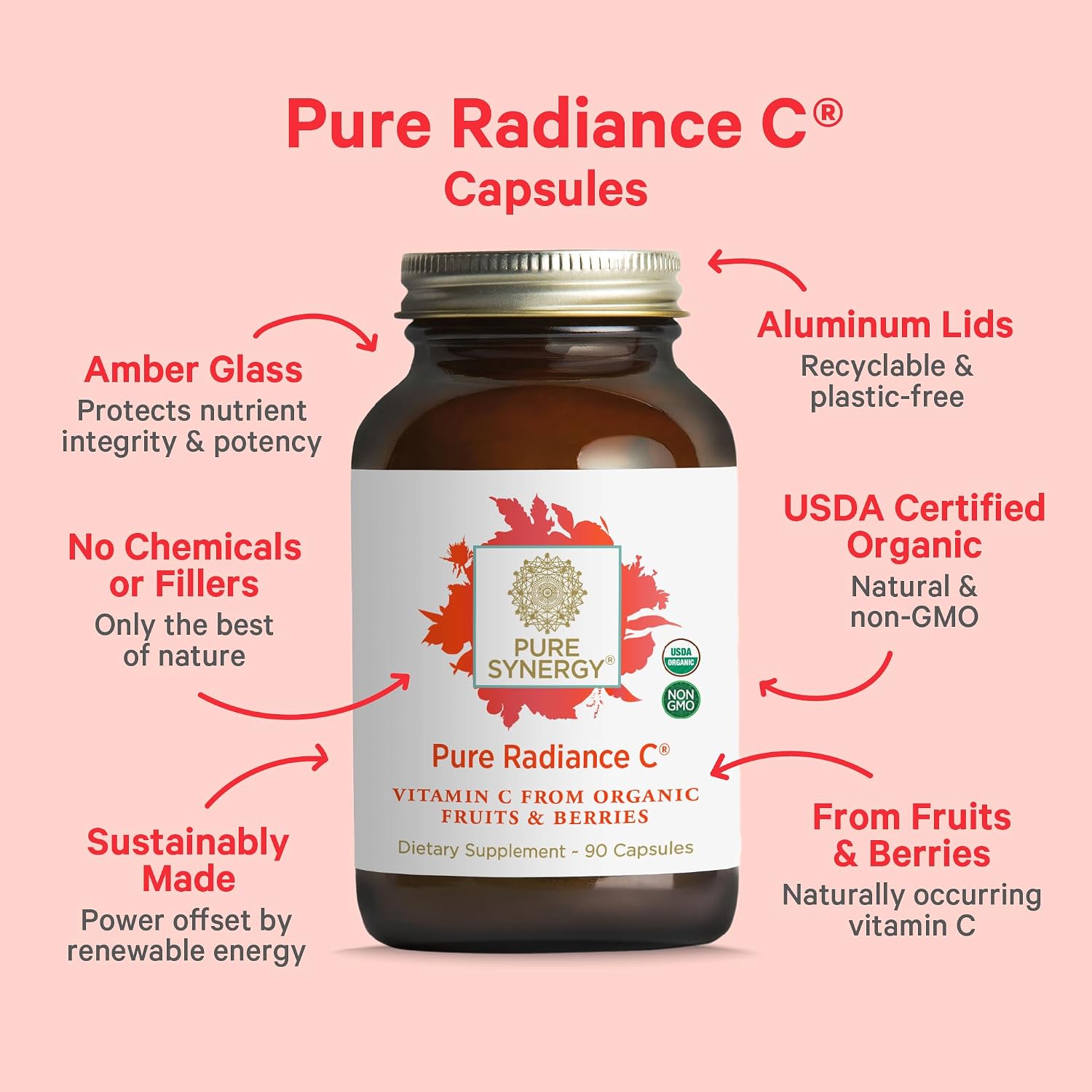 PURE SYNERGY Pure Radiance C | Cápsulas de Vitamina C Orgánica | 100% Natural, Alimento Integral, No-GMO con Camu Camu Orgánico | Apoyo Inmunitario y de Colágeno (90 Cápsulas)