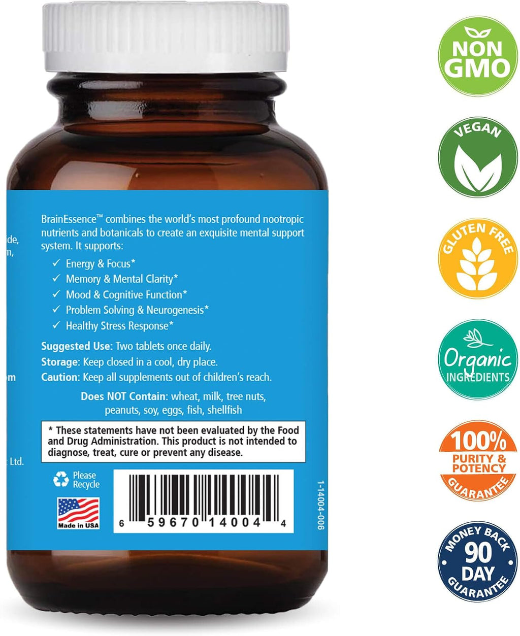 PURE ESSENCE LABS Brain Essence - Suplemento para la Memoria y la Concentración con Bacopa Monnieri y Ashwagandha (60 Comprimidos)