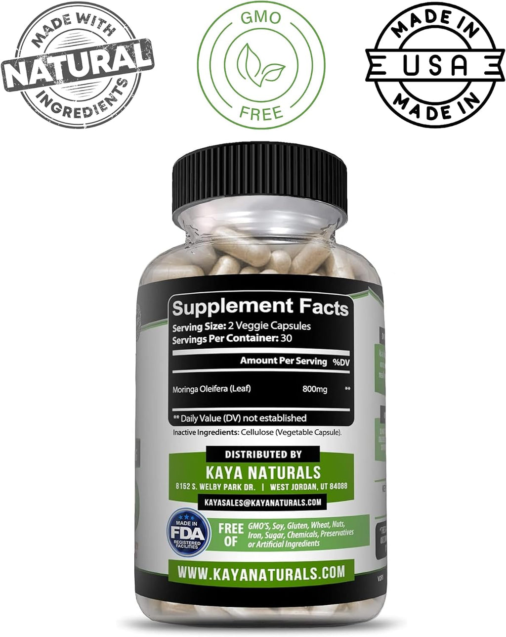 Kaya Naturals Extracto de Hoja de Moringa - Superalimento Verde - 60 Cápsulas Vegetales