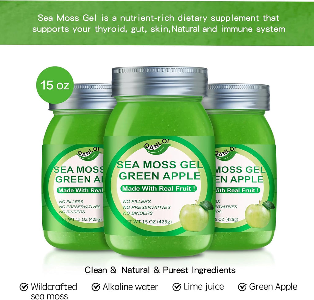 Sea Moss Raw Gel Natural con Irish Sea Moss - Apoyo Inmunológico y Digestivo - 425g (15 oz) - Sabor Manzana Verde