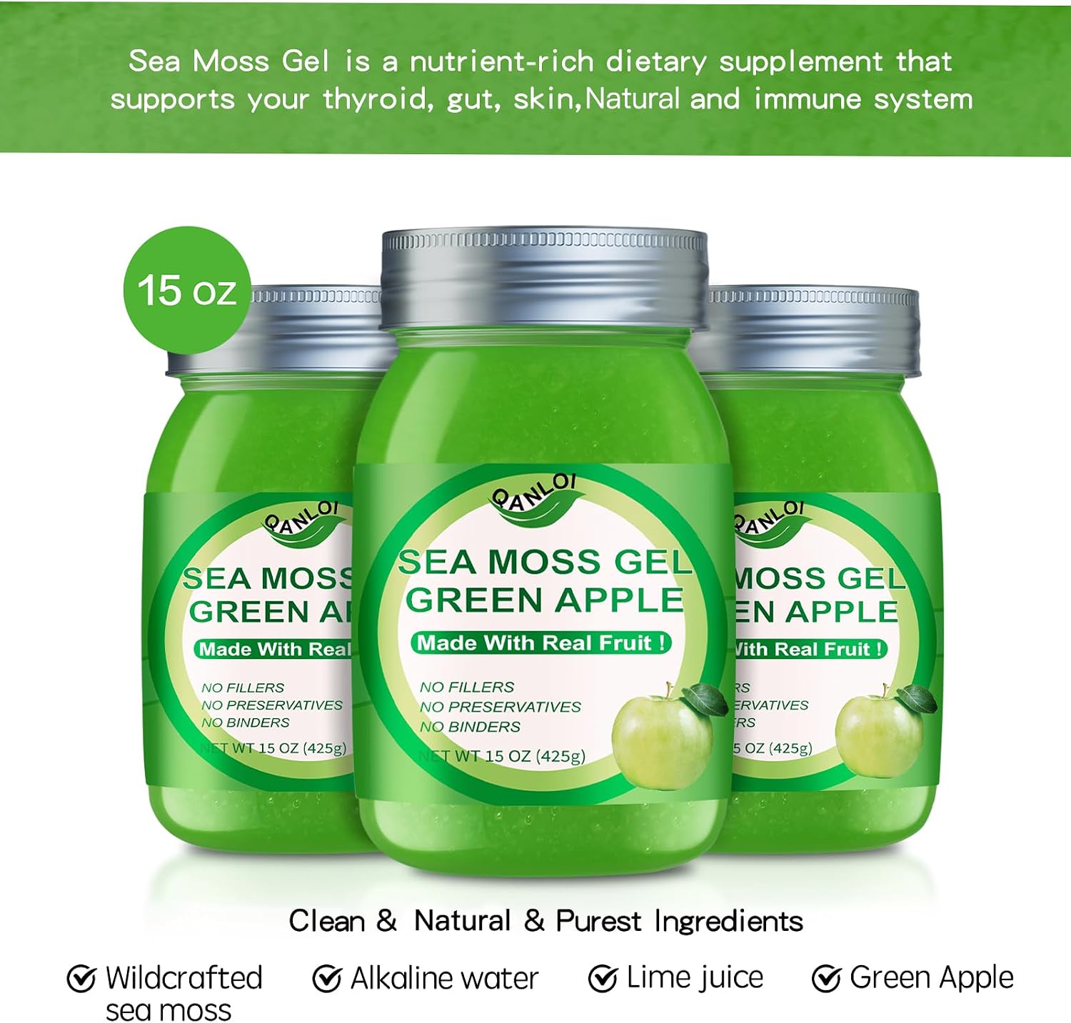 Sea Moss Raw Gel Natural con Irish Sea Moss - Apoyo Inmunológico y Digestivo - 425g (15 oz) - Sabor Manzana Verde
