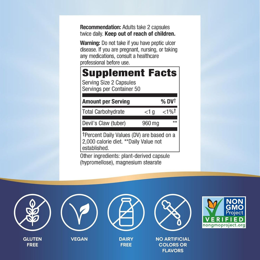 Nature's Way Garra del Diablo, Apoyo Articular Tradicional, 960 mg por Dosis de 2 Cápsulas, Sin Gluten, No-GMO, 100 Cápsulas Veganas