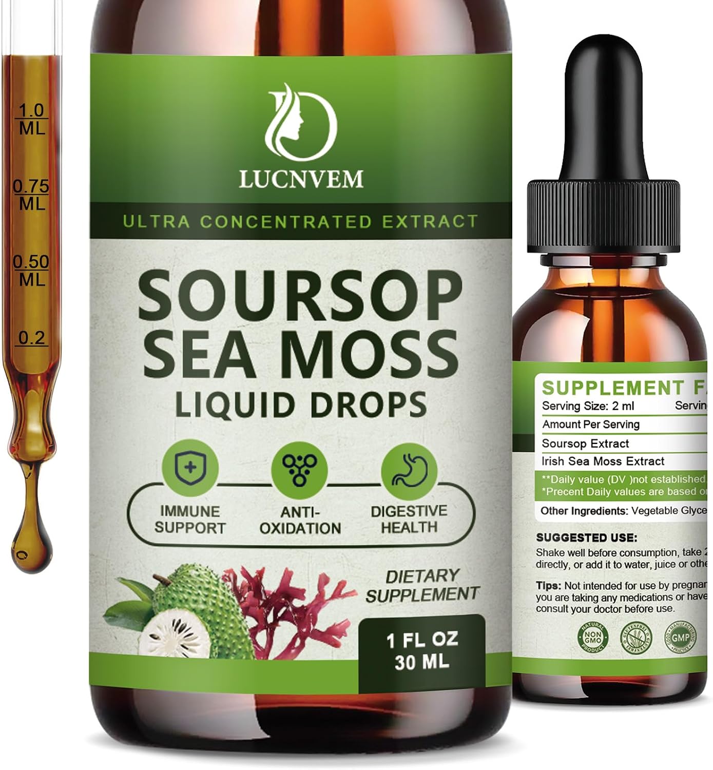 Gotas Orgánicas de Soursop Graviola - Extracto Líquido Puro con Sabor a Manzana - 60 ml (30 Días Vegano)
