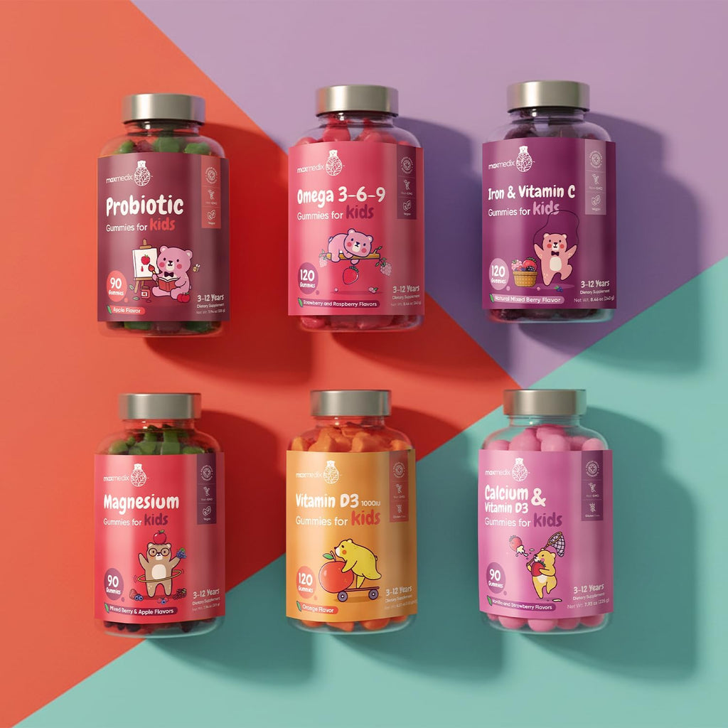 maxmedix Gomitas Multivitamínicas para Niños con Omega 3 6 9 | 20 Vitaminas Clave (C, A, D, E, B12) y Zinc – Sabor Frambuesa y Naranja, 120 Gomitas (2 Meses)