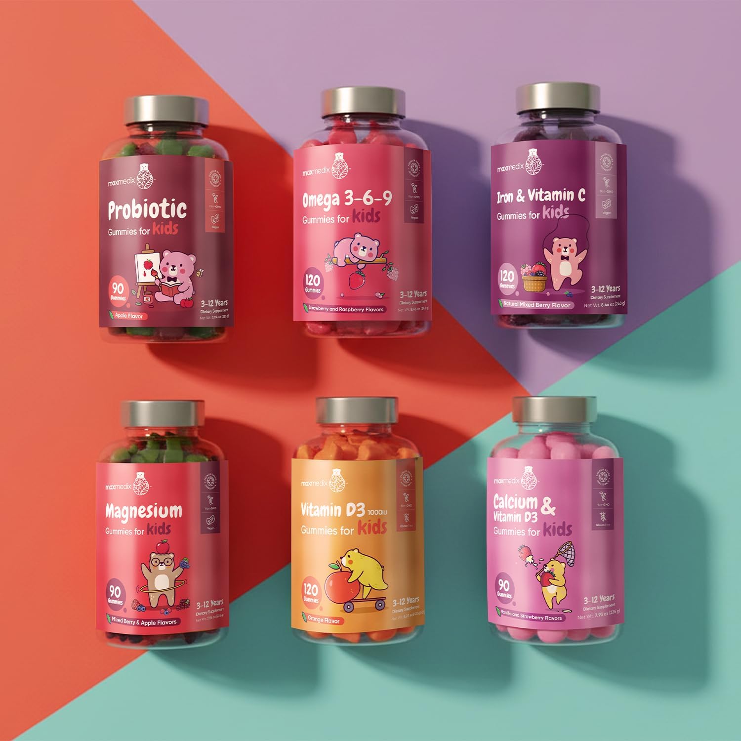 maxmedix Gomitas Multivitamínicas para Niños con Omega 3 6 9 | 20 Vitaminas Clave (C, A, D, E, B12) y Zinc – Sabor Frambuesa y Naranja, 120 Gomitas (2 Meses)