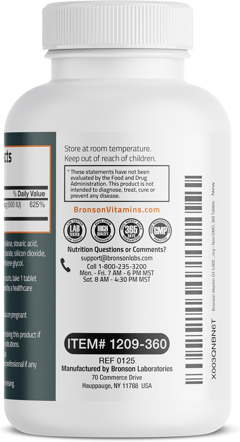 Bronson Vitamina D3 5000 UI (125 mcg) - 360 Comprimidos - No Transgénico, Sin Gluten, Sin Soja