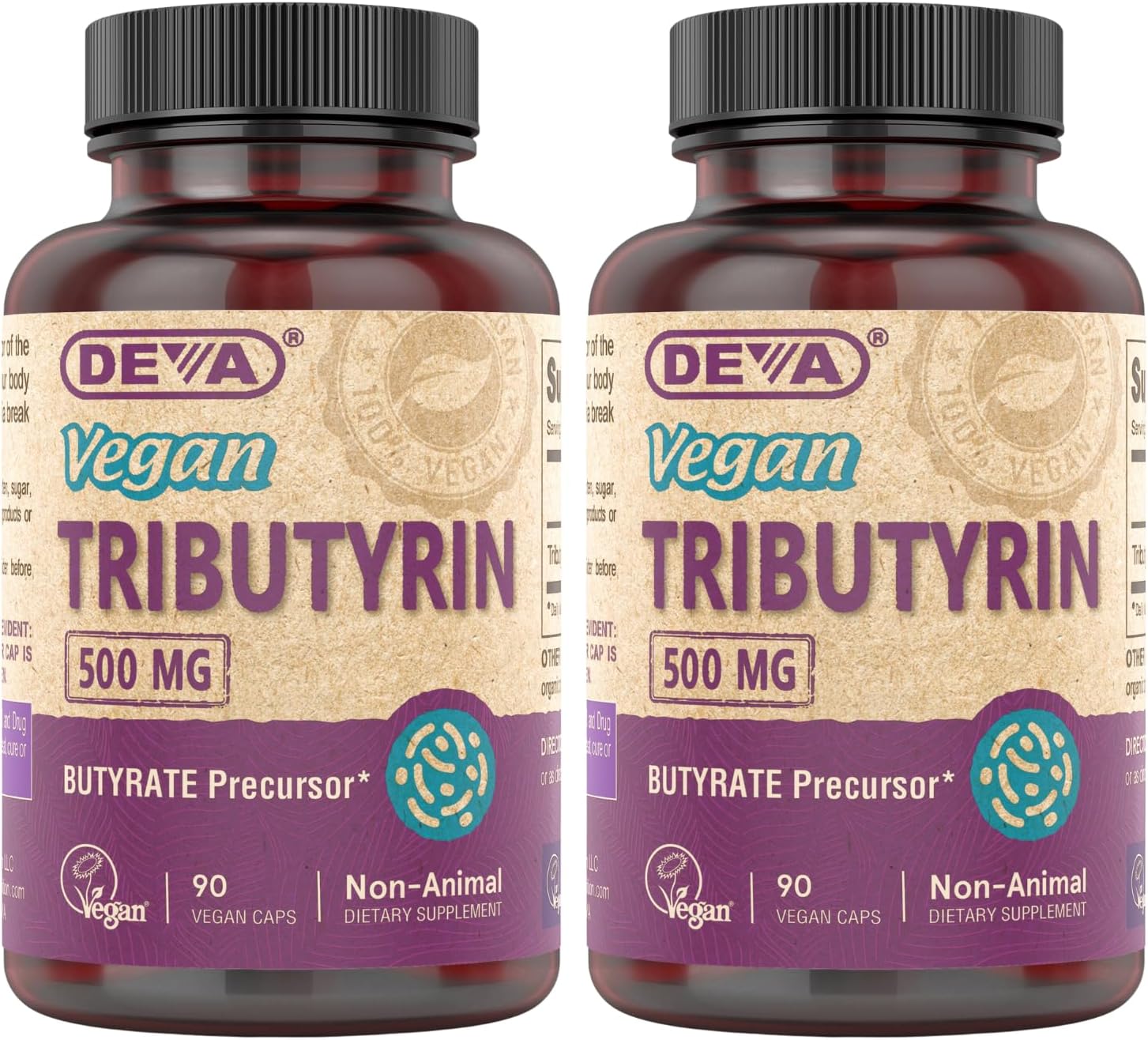 DEVA Tributirina Vegana 500 mg - Precursor de Butirato, 90 Cápsulas (Pack de 2)