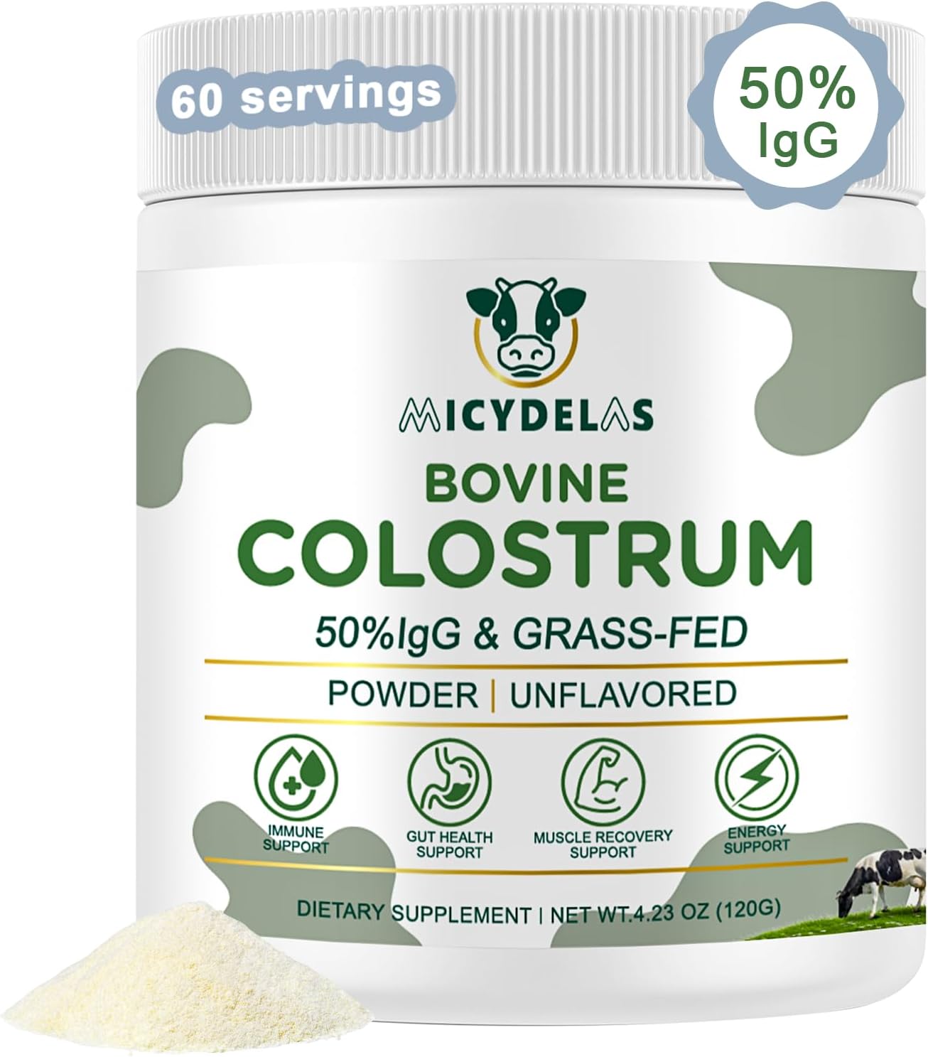 Bovine Colostrum Supplement Powder 50% IgG Premium Bovine Colostrum for Gut Health Support, Immune Support, Muscle Recovery & Overall Wellness, Grass Fed, Non-GMO, Unflavored, 60 Servings