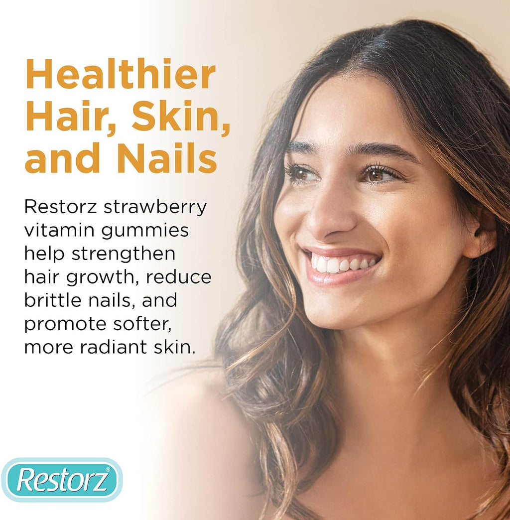 Restorz Gomitas de Biotina para Cabello, Piel y Uñas, Sabor Fresa (Pack de 12)