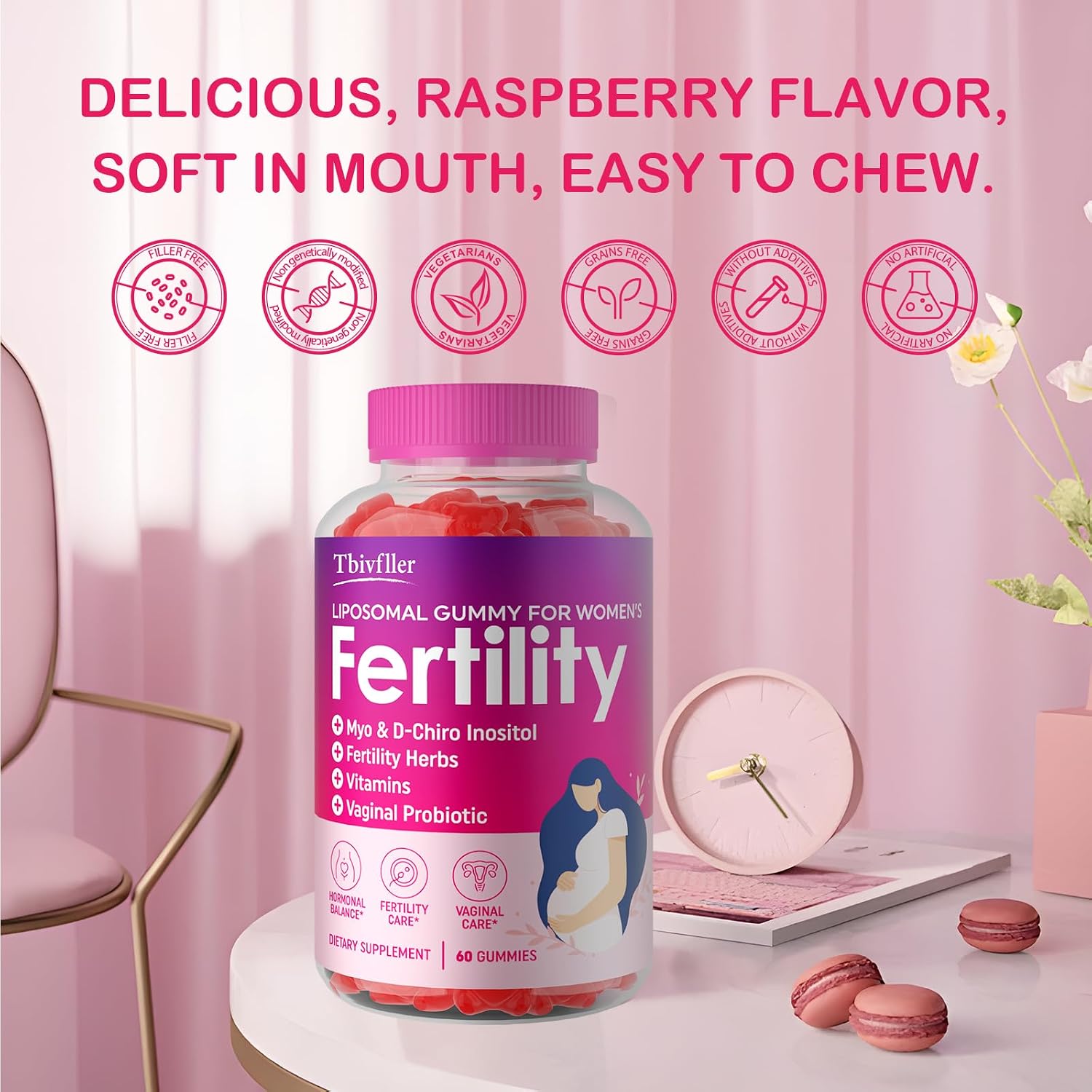 Vitaminas Prenatales con Mio-Inositol y D-Chiro Inositol para Mujeres - 60 Gomitas de Frambuesa