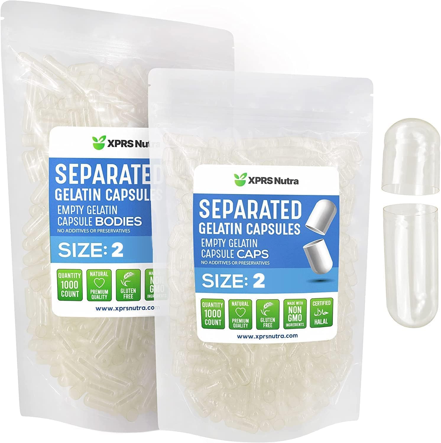 XPRS Nutra Cápsulas Vacías de Gelatina Tamaño 2 - 1000 Unidades Separadas en Bolsas - Cápsulas Transparentes para Rellenar Suplementos Caseros