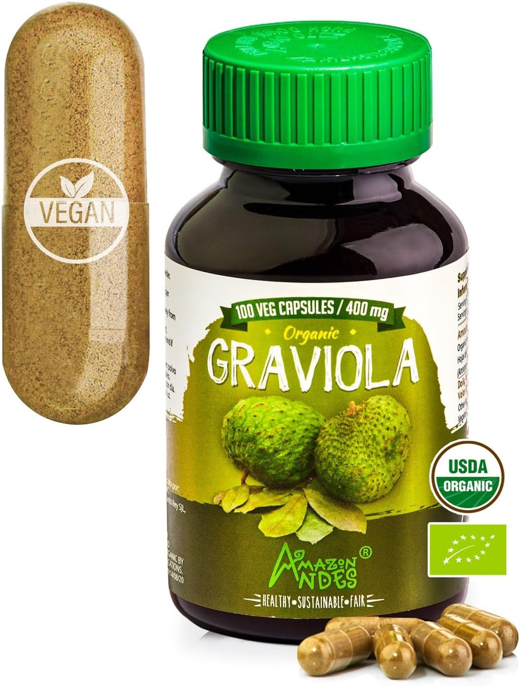 Amazon Andes Graviola Orgánica Cápsulas 400mg - 100 Cápsulas Vegetarianas - Annona Muricata de Perú