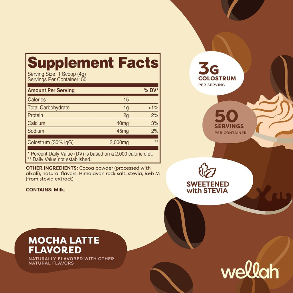Wellah Colostrum Sabor Mocha Latte (50 raciones) - Endulzado con Stevia, 3g de Calostro por Ración, Complemento Alimenticio