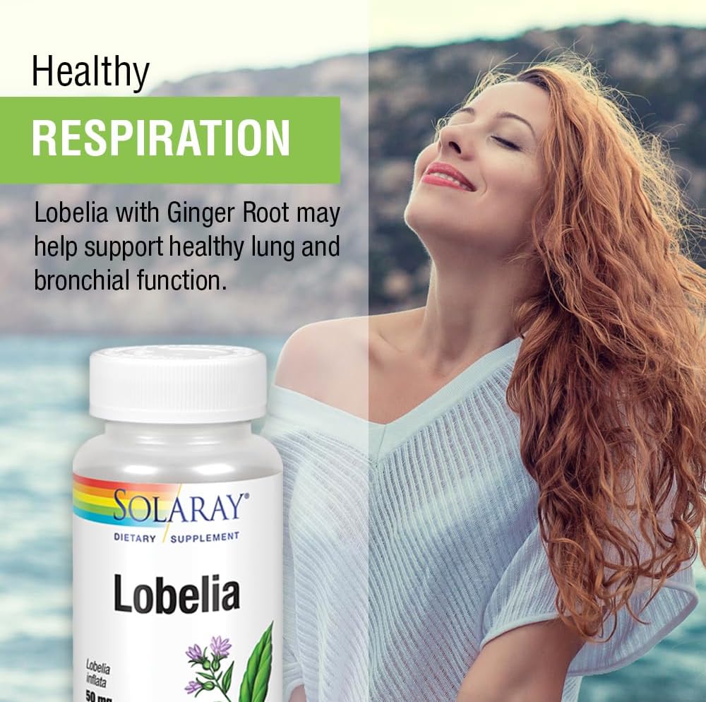 SOLARAY Lobelia Aerial 50mg - Respiratory & Bronchial Support - with Ginger - 100 VegCaps
