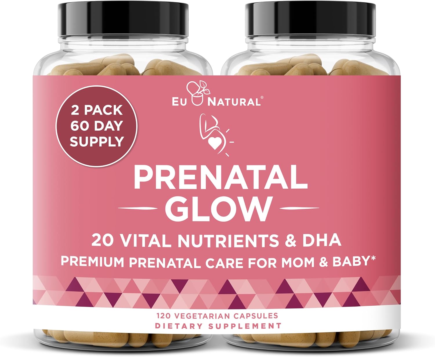 Eu Natural Glow Vitaminas Prenatales para Mujeres - Multivitamínico 20-en-1 con Folato y DHA Vegano - Apoya el Embarazo Saludable y el Desarrollo Fetal - 120 Cápsulas Vegetarianas