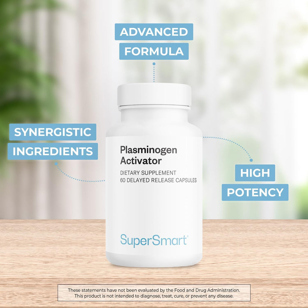 Supersmart Activador del Plasminógeno (Fórmula Avanzada) - con Pterostilbeno, Nattokinasa, Serrapeptasa, OPC - Suplemento Antioxidante de Alta Potencia | No-GMO y Sin Gluten - 60 Cápsulas de Liberación Retardada