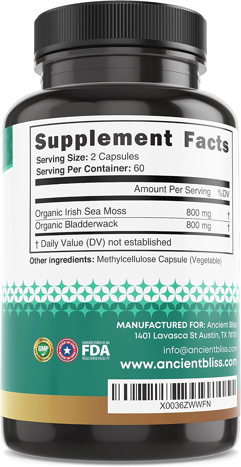Ancient Bliss Organic Irish Sea Moss Pills - Dr Sebi Wildcrafted Seamoss Capsules | Thyroid, Healthy Skin & Gut Support | 120 Capsules