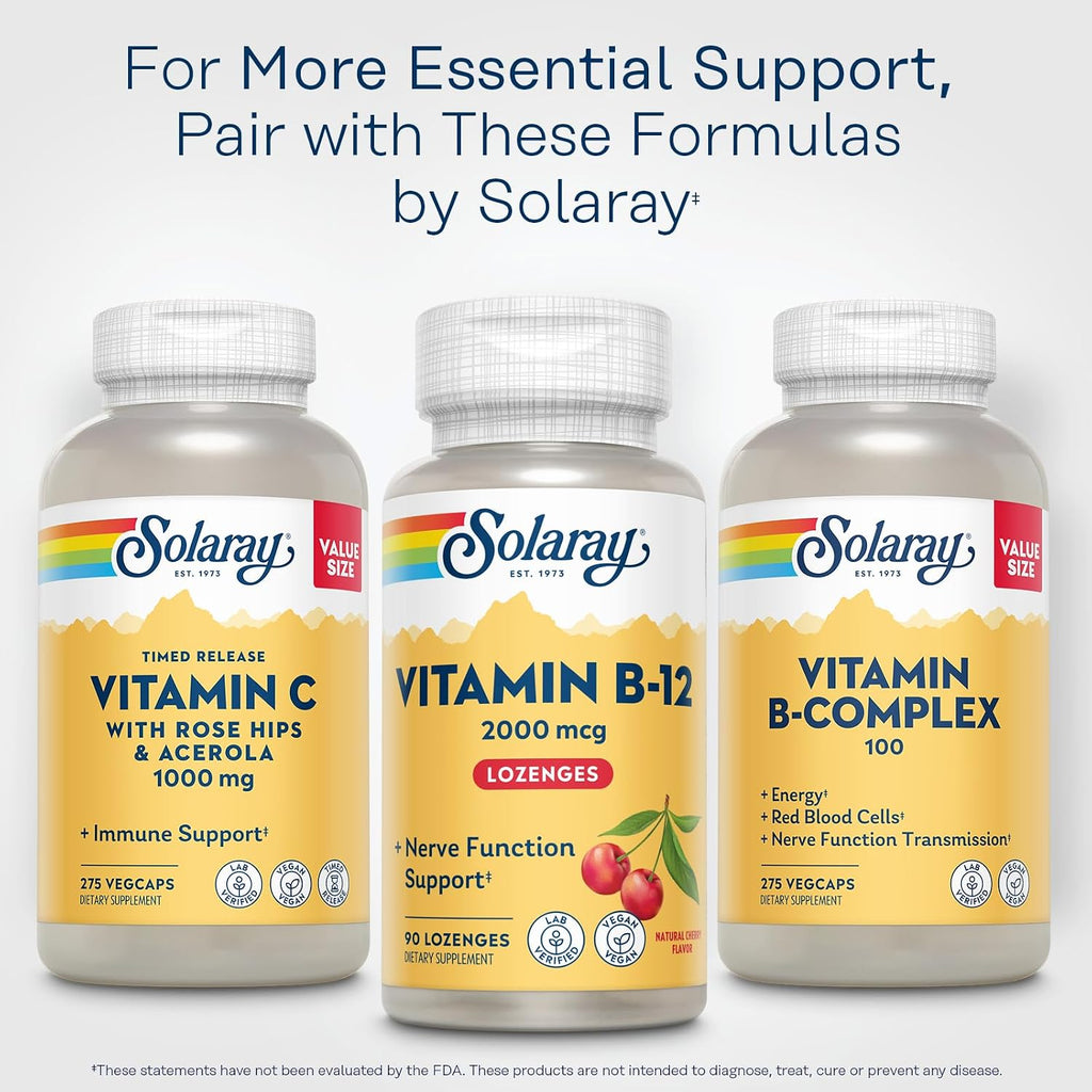 SOLARAY Vitamina B12 2000 mcg Pastillas Sabor Cereza Natural - Sin Azúcar, Vegano - 90 Pastillas