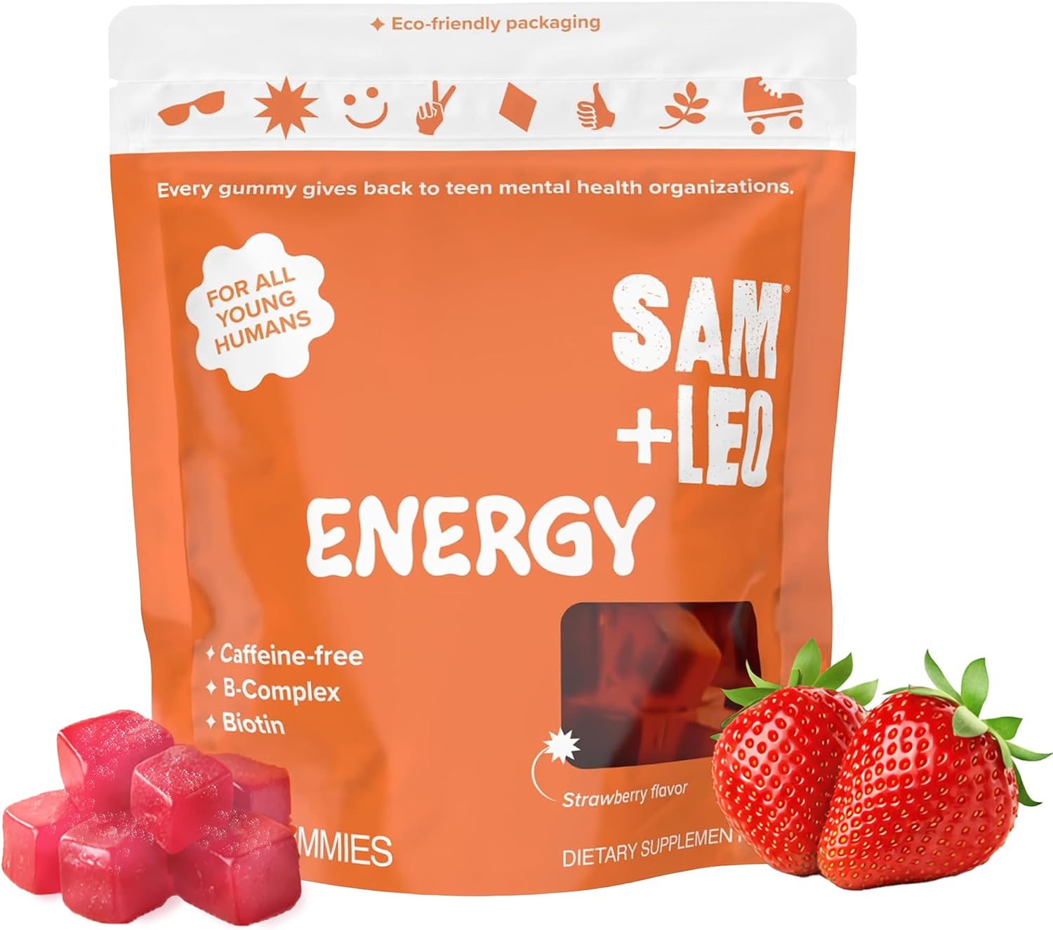 SAM+LEO Gominolas de Complejo B con Biotina para Niños y Adolescentes - Sin Cafeína - Sabor Fresa (60 uds)