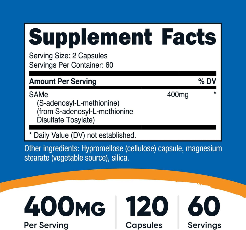 Nutricost SAM-e 400mg, 120 Cápsulas Vegetales - S-Adenosil-L-Metionina