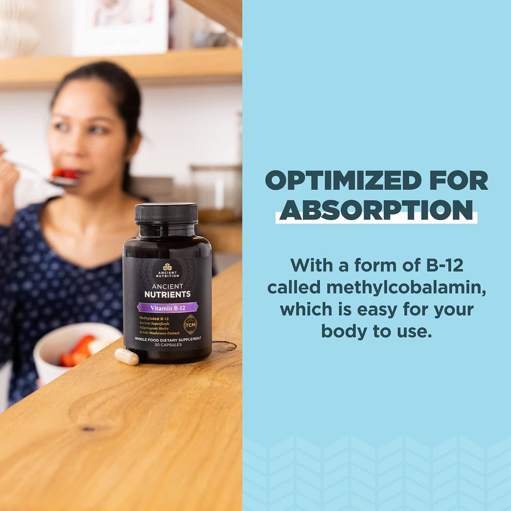 Ancient Nutrition Vitamina B12 Suplemento, Apoya el Metabolismo Energético y la Salud del Sistema Nervioso, Hierbas Adaptogénicas, Activado por Enzimas, Paleo y Keto Friendly, 30 Cápsulas
