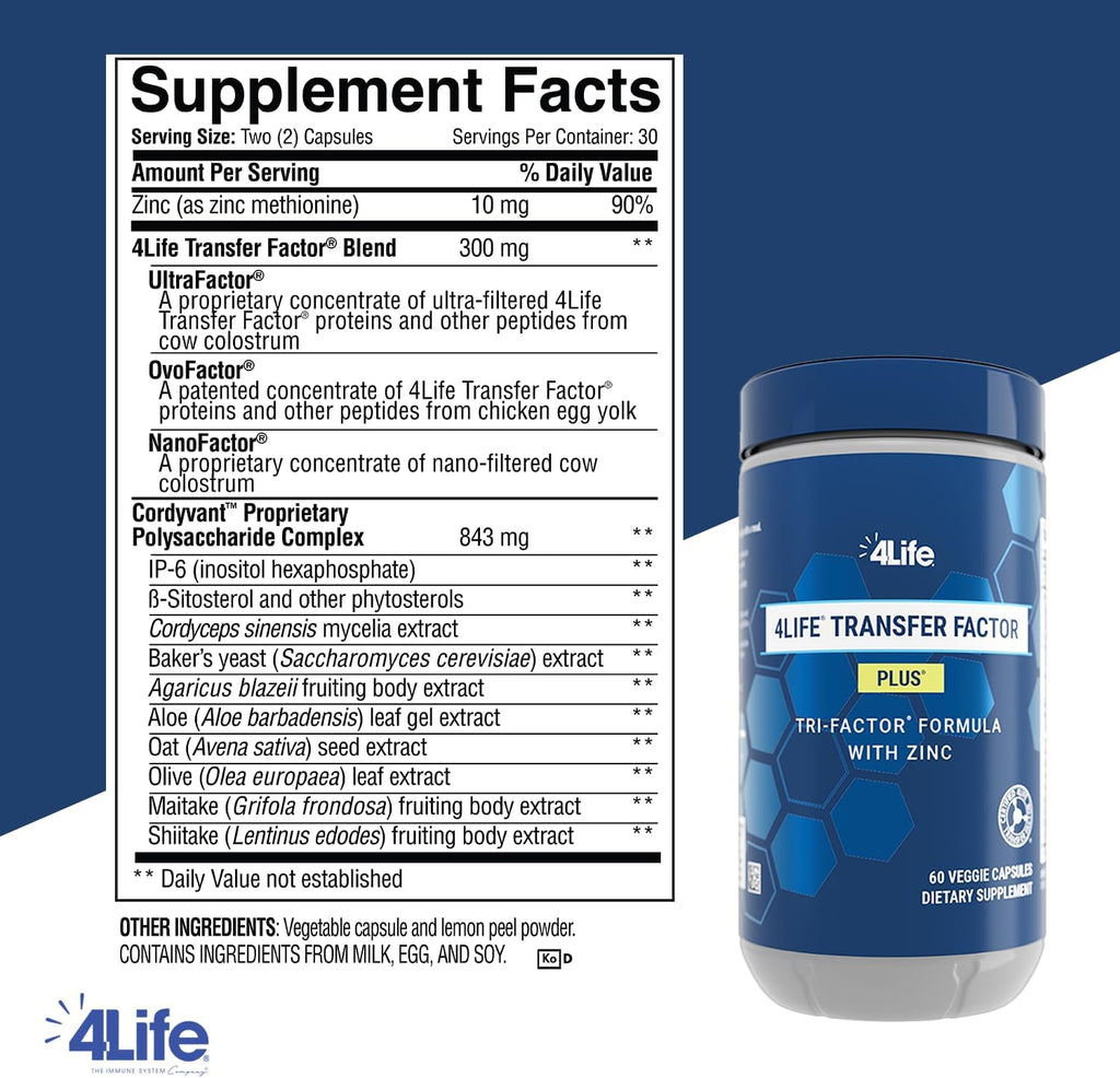 4Life Transfer Factor Plus Zinc – Apoyo Inmunológico con Hongos, 60 Cápsulas
