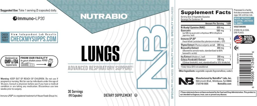 NutraBio Lungs - Suplemento Respiratorio con Immuno-LP20 y Extractos Naturales (90 Cápsulas)