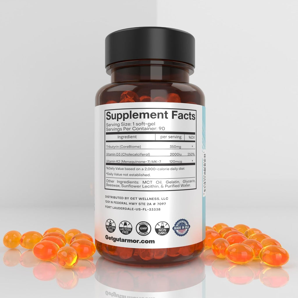 Butirato 350mg, Vitamina D3 2000 UI y Vitamina K2 120 mcg - 30 Cápsulas Blandas